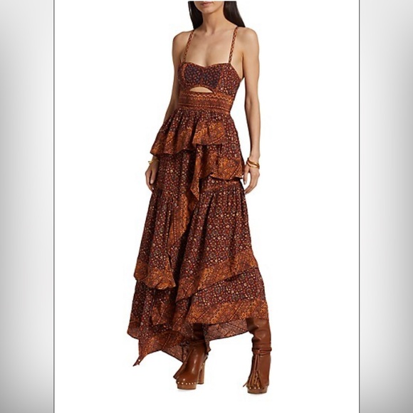 Ulla Johnson Dresses & Skirts - Ulla Johnson Josana Silk Gown Midi Maxi Dress Cutout Tiered Agate Brown 4 $895
